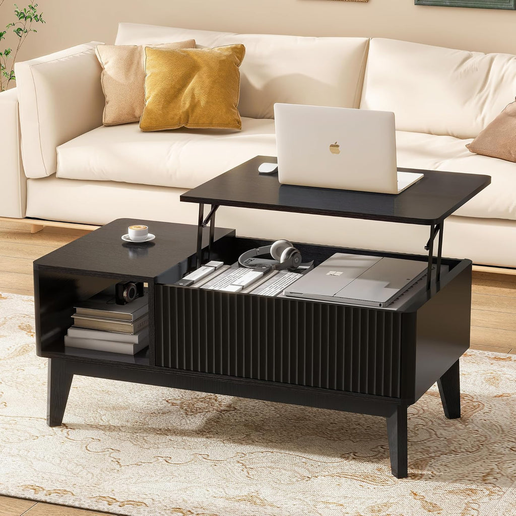 Fluted Coffee Table with Hidden Compartment, Wood Lift Top Coffee Tables, Modern Center Table for Living Room, Home Office, Natural - Grand Goldman