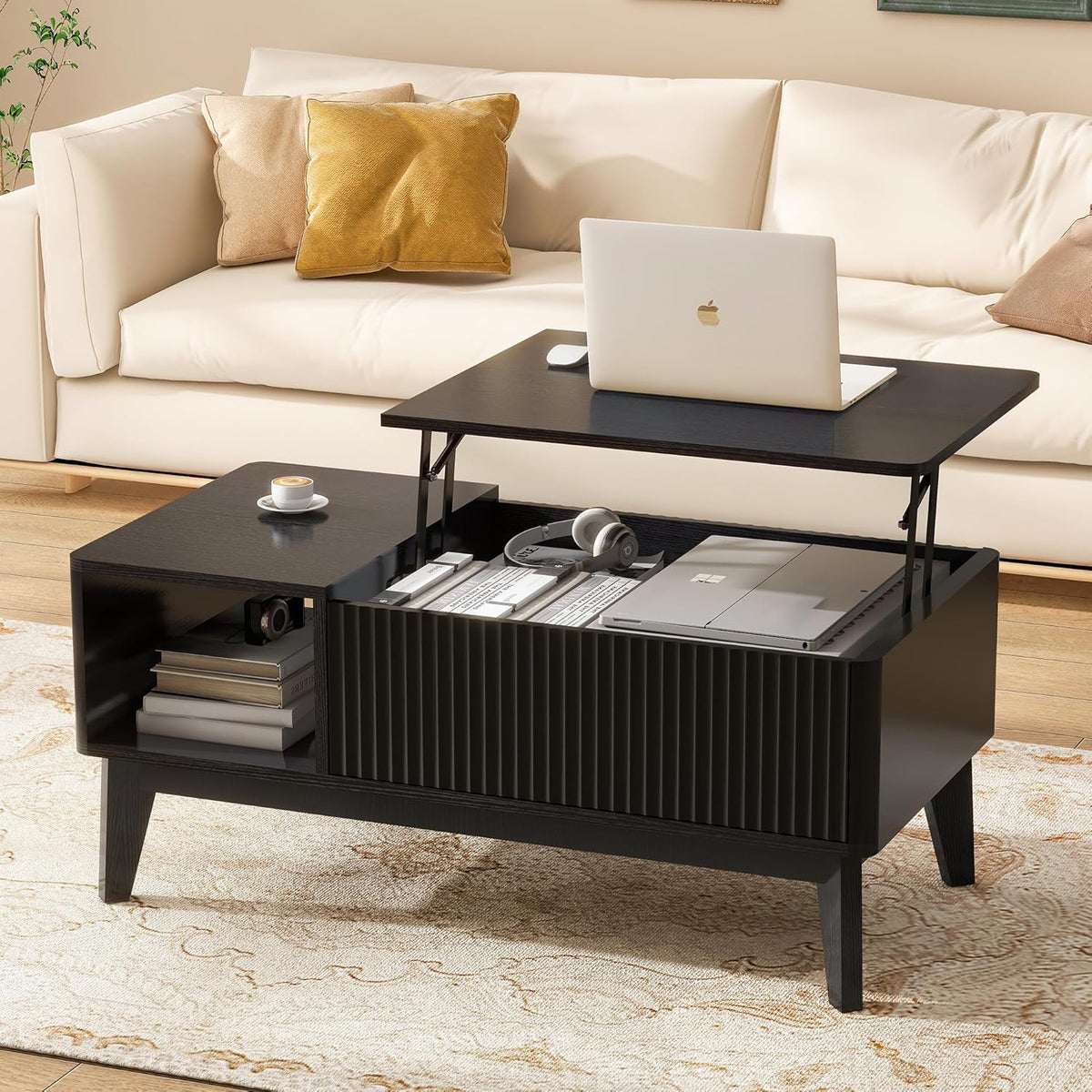 Fluted Coffee Table with Hidden Compartment, Wood Lift Top Coffee Tables, Modern Center Table for Living Room, Home Office, Natural - Grand Goldman