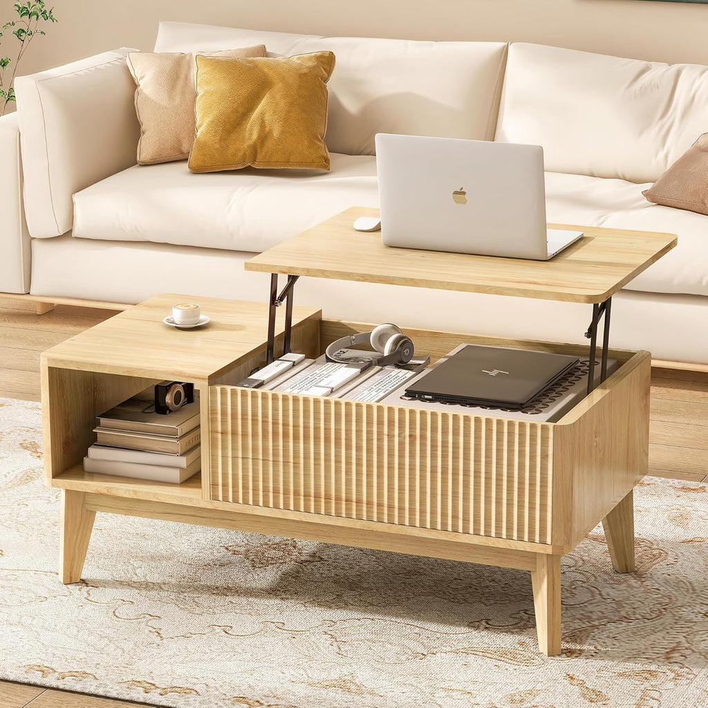 Fluted Coffee Table with Hidden Compartment, Wood Lift Top Coffee Tables, Modern Center Table for Living Room, Home Office, Natural - Grand Goldman