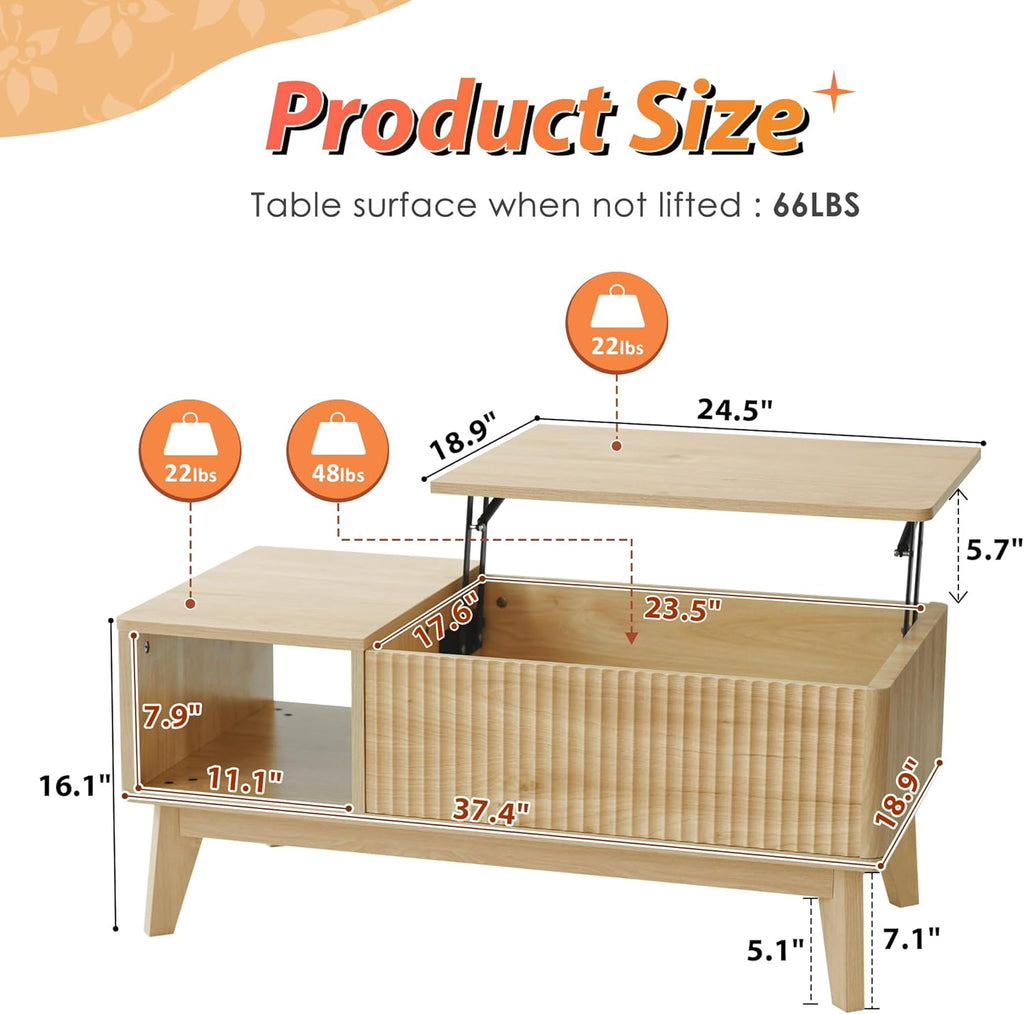 Fluted Coffee Table with Hidden Compartment, Wood Lift Top Coffee Tables, Modern Center Table for Living Room, Home Office, Natural - Grand Goldman