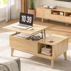 Fluted Coffee Table with Hidden Compartment, Wood Lift Top Coffee Tables, Modern Center Table for Living Room, Home Office, Natural - Grand Goldman