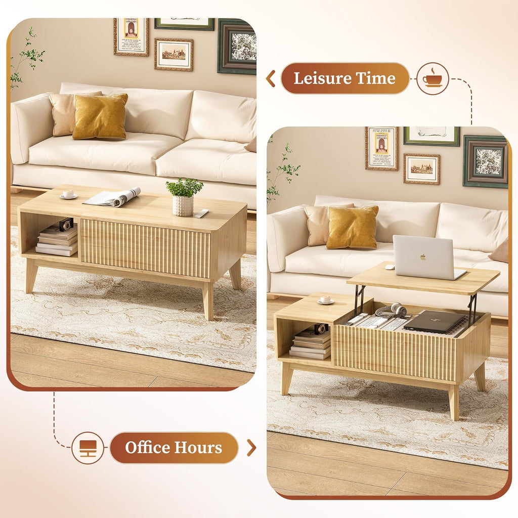 Fluted Coffee Table with Hidden Compartment, Wood Lift Top Coffee Tables, Modern Center Table for Living Room, Home Office, Natural - Grand Goldman