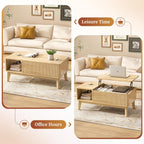 Fluted Coffee Table with Hidden Compartment, Wood Lift Top Coffee Tables, Modern Center Table for Living Room, Home Office, Natural - Grand Goldman