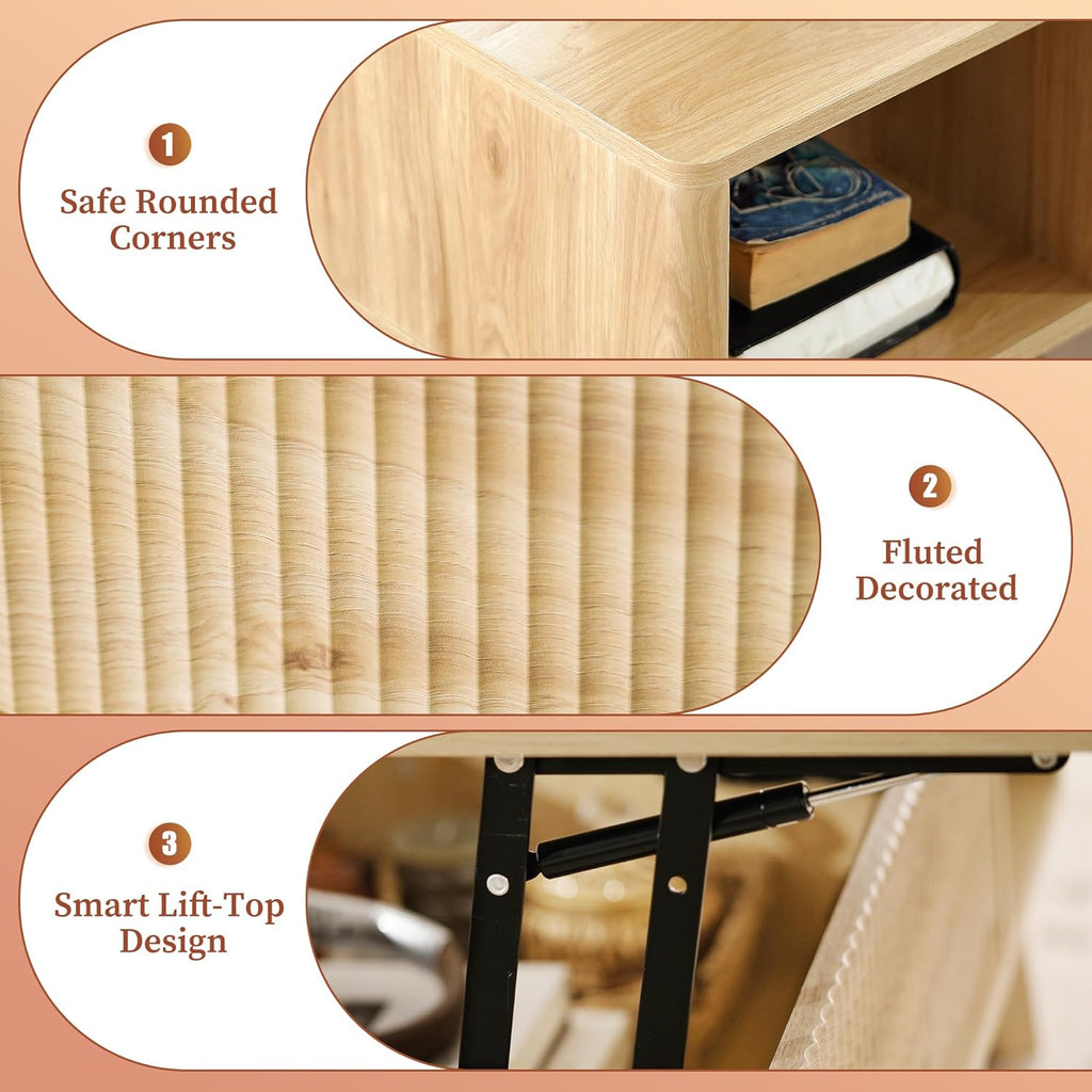 Fluted Coffee Table with Hidden Compartment, Wood Lift Top Coffee Tables, Modern Center Table for Living Room, Home Office, Natural - Grand Goldman