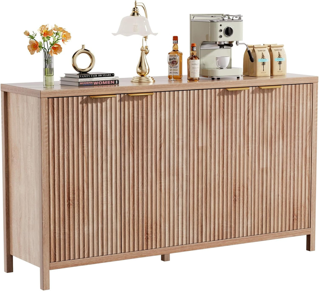 Fluted Sideboard Buffet Cabinet,55" Large Storage Cabinet with 4 Doors and Adjustable Shelves,Modern Buffet Cabinet with Storage for Living Room,Dinning Room,Kitchen-Grey - Grand Goldman