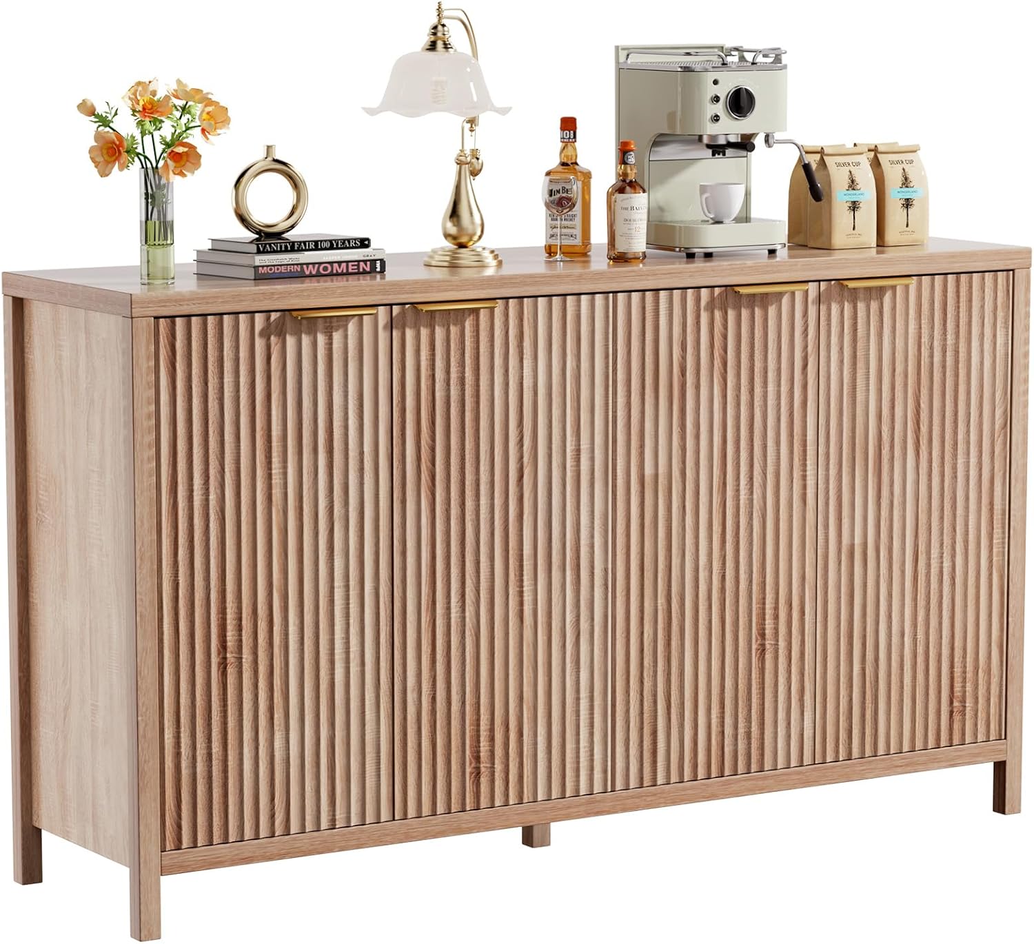 Fluted Sideboard Buffet Cabinet,55" Large Storage Cabinet with 4 Doors and Adjustable Shelves,Modern Buffet Cabinet with Storage for Living Room,Dinning Room,Kitchen-Grey - Grand Goldman