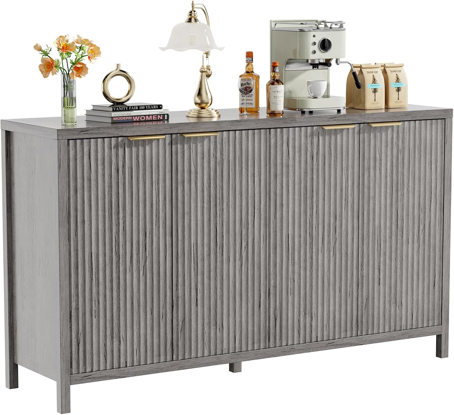 Fluted Sideboard Buffet Cabinet,55" Large Storage Cabinet with 4 Doors and Adjustable Shelves,Modern Buffet Cabinet with Storage for Living Room,Dinning Room,Kitchen-Grey - Grand Goldman