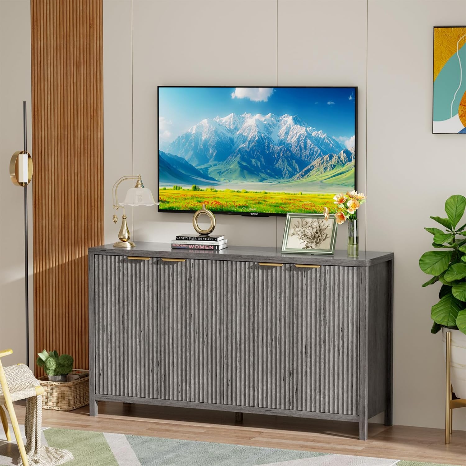 Fluted Sideboard Buffet Cabinet,55" Large Storage Cabinet with 4 Doors and Adjustable Shelves,Modern Buffet Cabinet with Storage for Living Room,Dinning Room,Kitchen-Grey - Grand Goldman