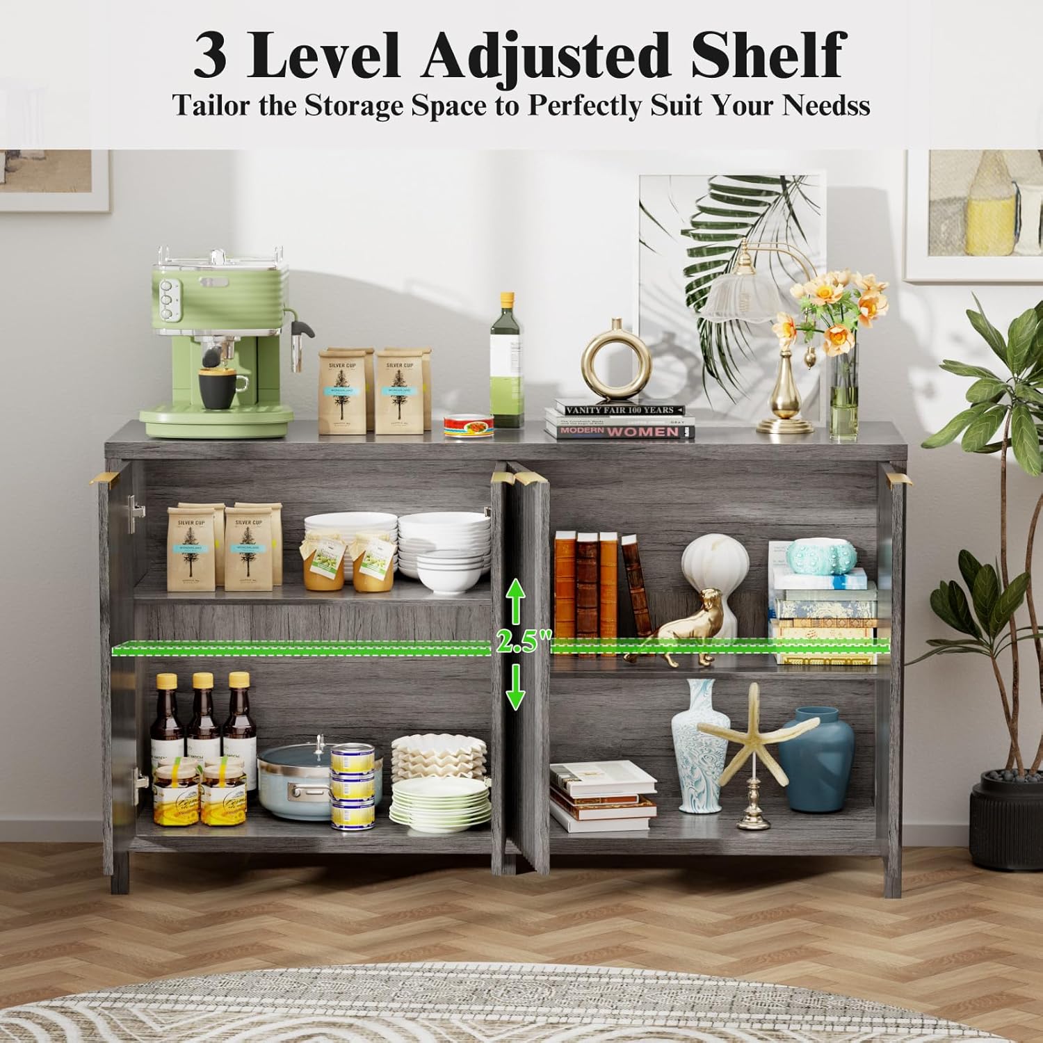 Fluted Sideboard Buffet Cabinet,55" Large Storage Cabinet with 4 Doors and Adjustable Shelves,Modern Buffet Cabinet with Storage for Living Room,Dinning Room,Kitchen-Grey - Grand Goldman