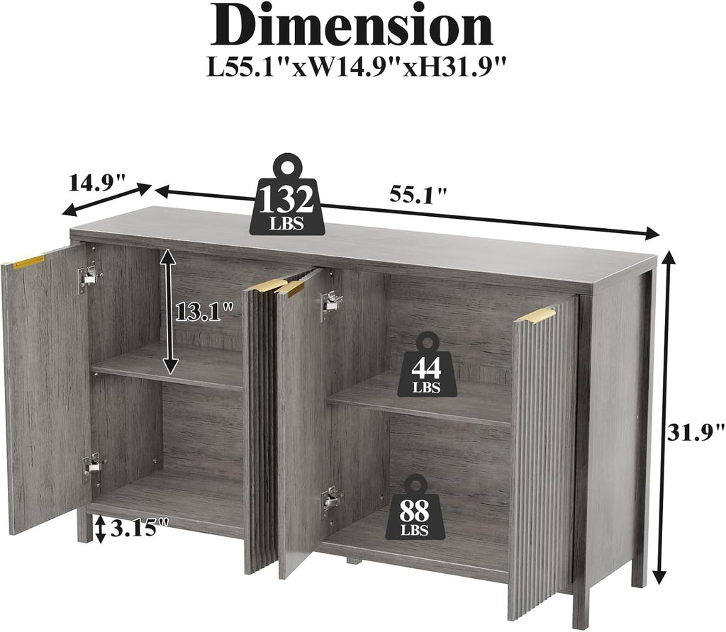 Fluted Sideboard Buffet Cabinet,55" Large Storage Cabinet with 4 Doors and Adjustable Shelves,Modern Buffet Cabinet with Storage for Living Room,Dinning Room,Kitchen-Grey - Grand Goldman