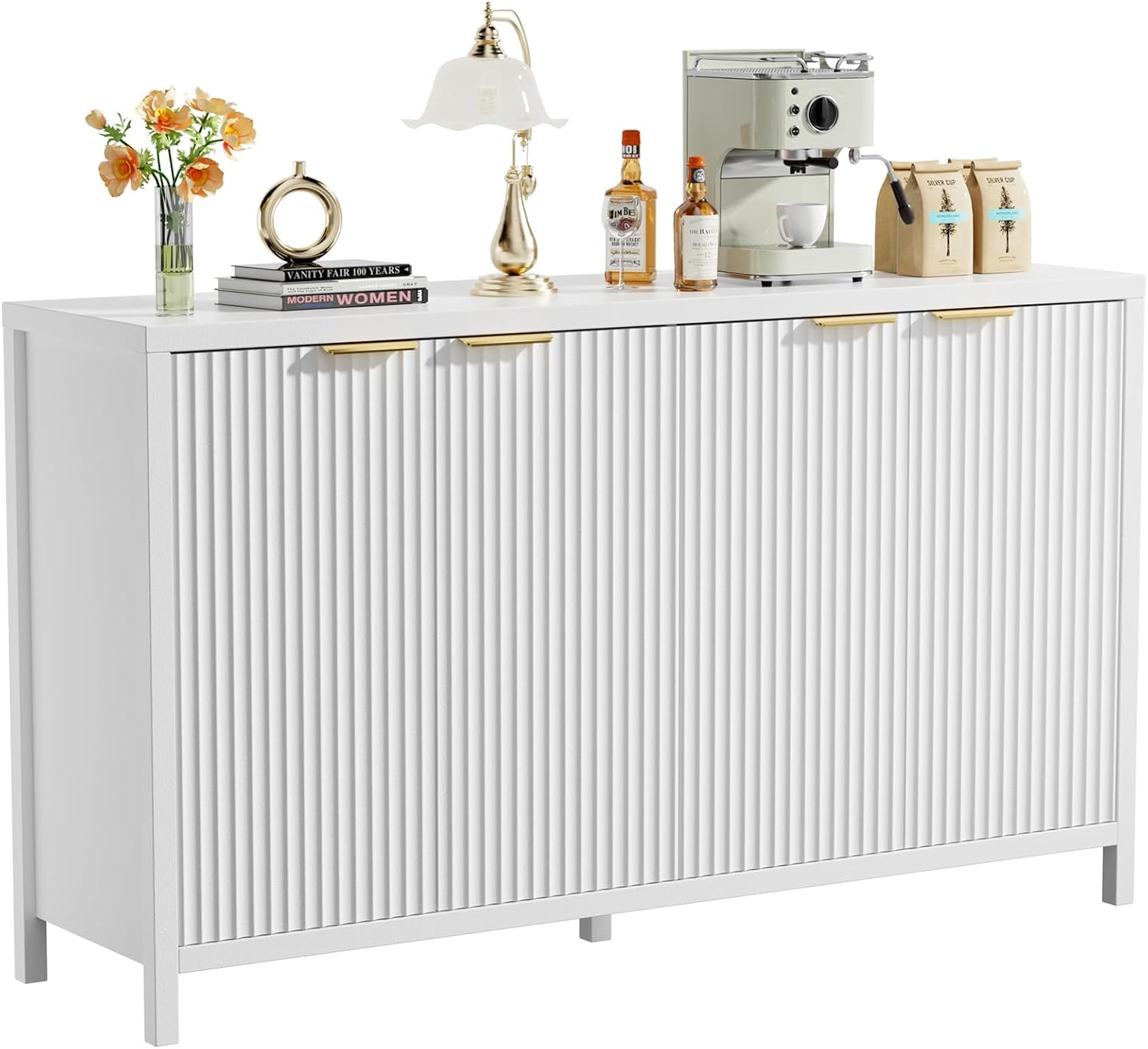 Fluted Sideboard Buffet Cabinet,55" Large Storage Cabinet with 4 Doors and Adjustable Shelves,Modern Buffet Cabinet with Storage for Living Room,Dinning Room,Kitchen-Grey - Grand Goldman