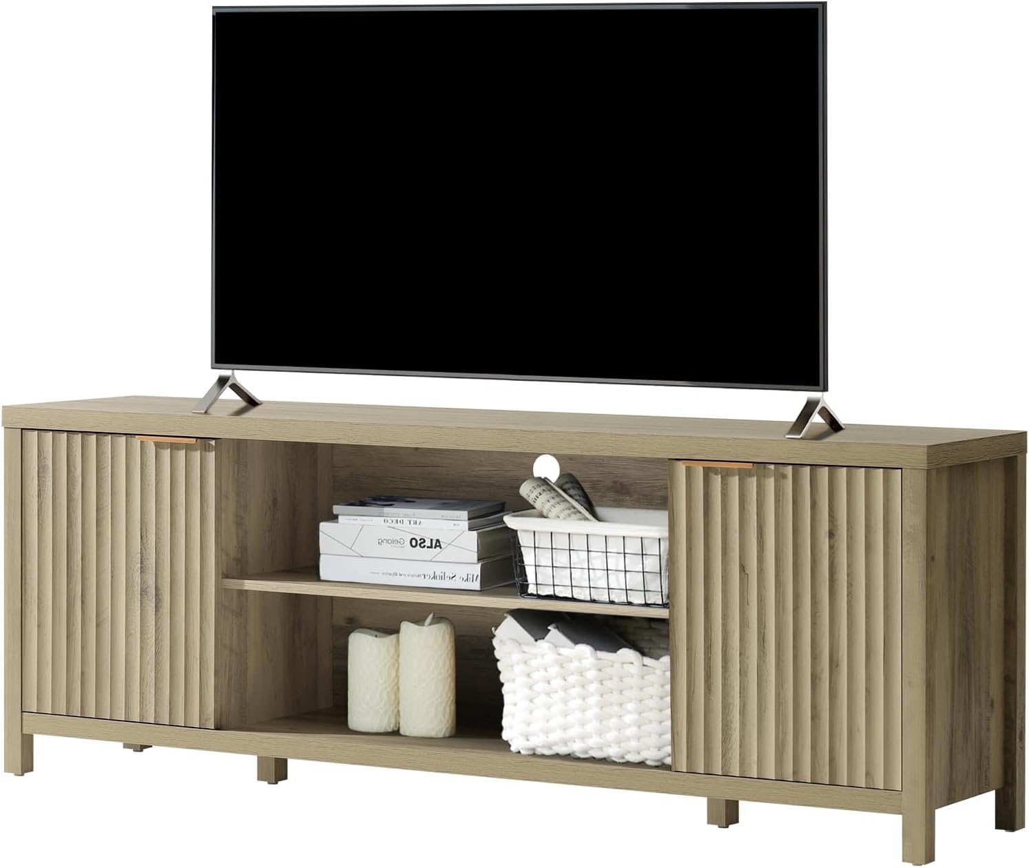 Fluted TV Stands for Living Room, Heavy Duty Entertainment Center with Storage, Mid Century Modern Television Stands for 50/55/60/65 TV, Oxford Media TV Console (Medium,Sunwashed Ash Oak) - Grand Goldman