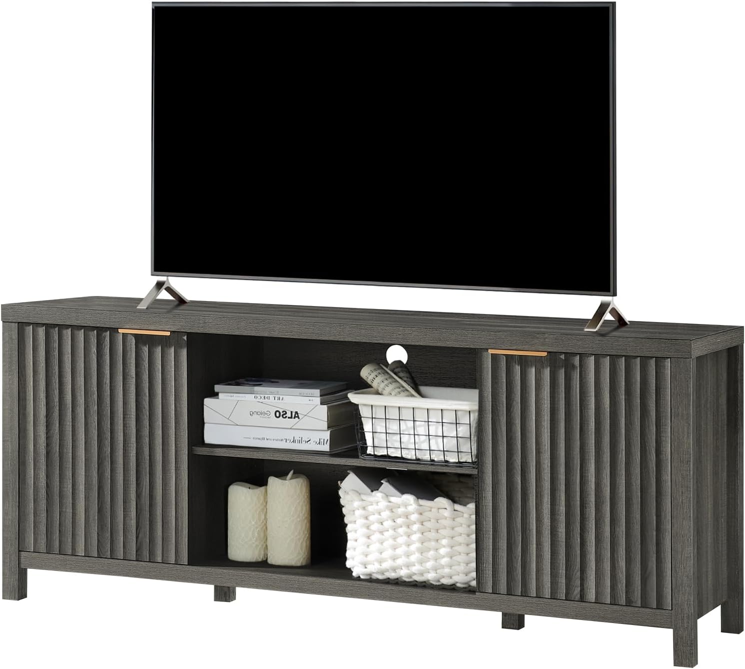 Fluted TV Stands for Living Room, Heavy Duty Entertainment Center with Storage, Mid Century Modern Television Stands for 50/55/60/65 TV, Oxford Media TV Console (Medium,Sunwashed Ash Oak) - Grand Goldman