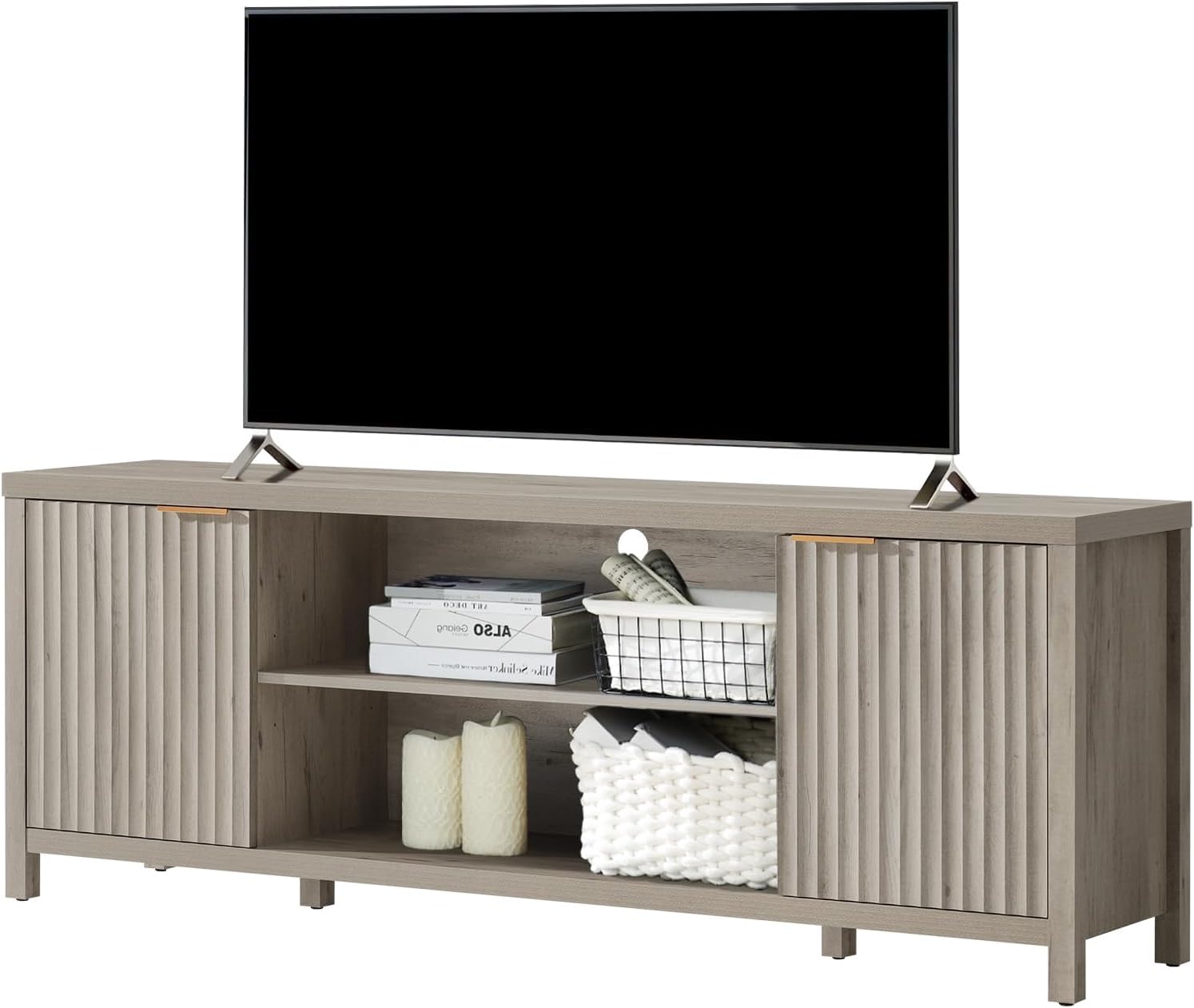 Fluted TV Stands for Living Room, Heavy Duty Entertainment Center with Storage, Mid Century Modern Television Stands for 50/55/60/65 TV, Oxford Media TV Console (Medium,Sunwashed Ash Oak) - Grand Goldman