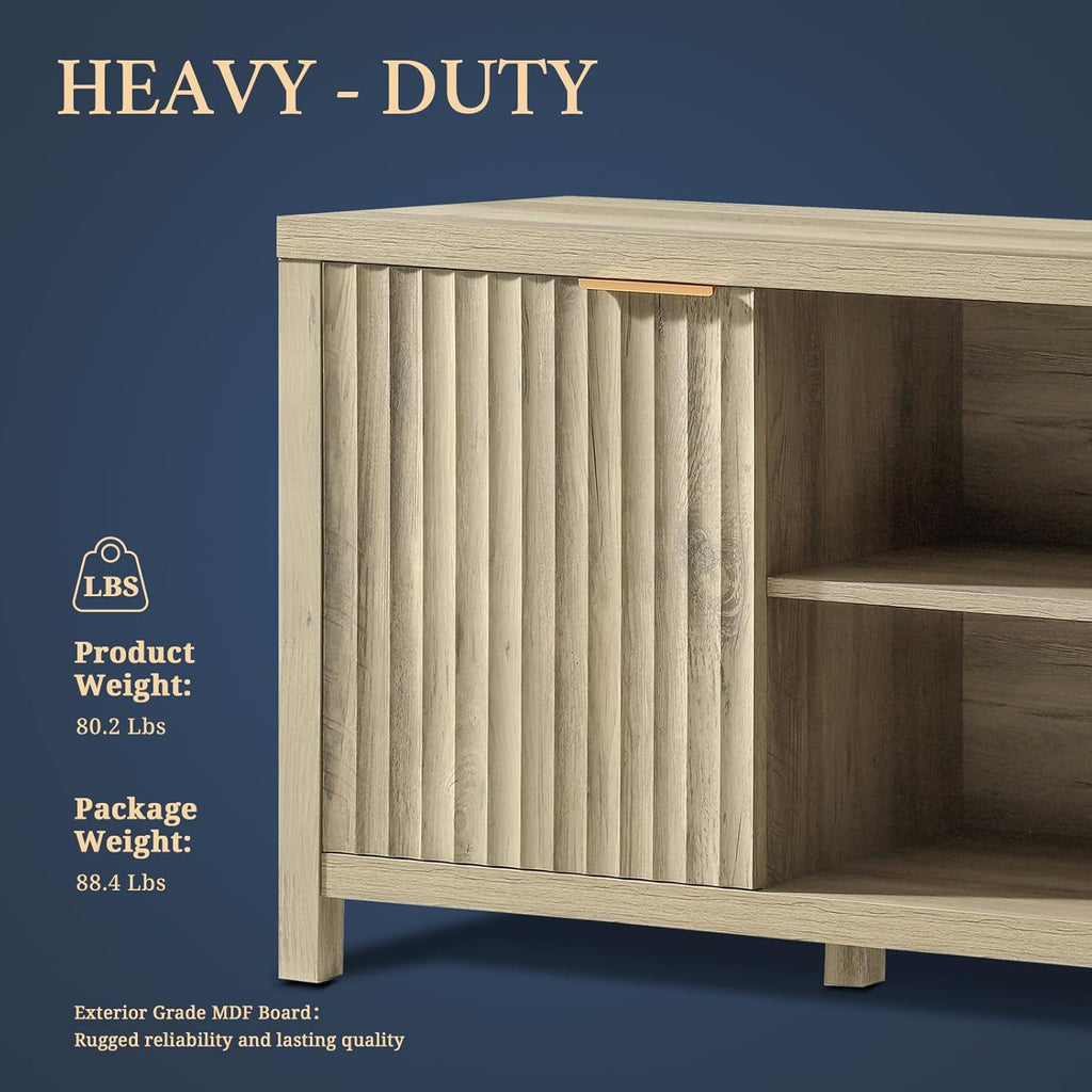 Fluted TV Stands for Living Room, Heavy Duty Entertainment Center with Storage, Mid Century Modern Television Stands for 50/55/60/65 TV, Oxford Media TV Console (Medium,Sunwashed Ash Oak) - Grand Goldman