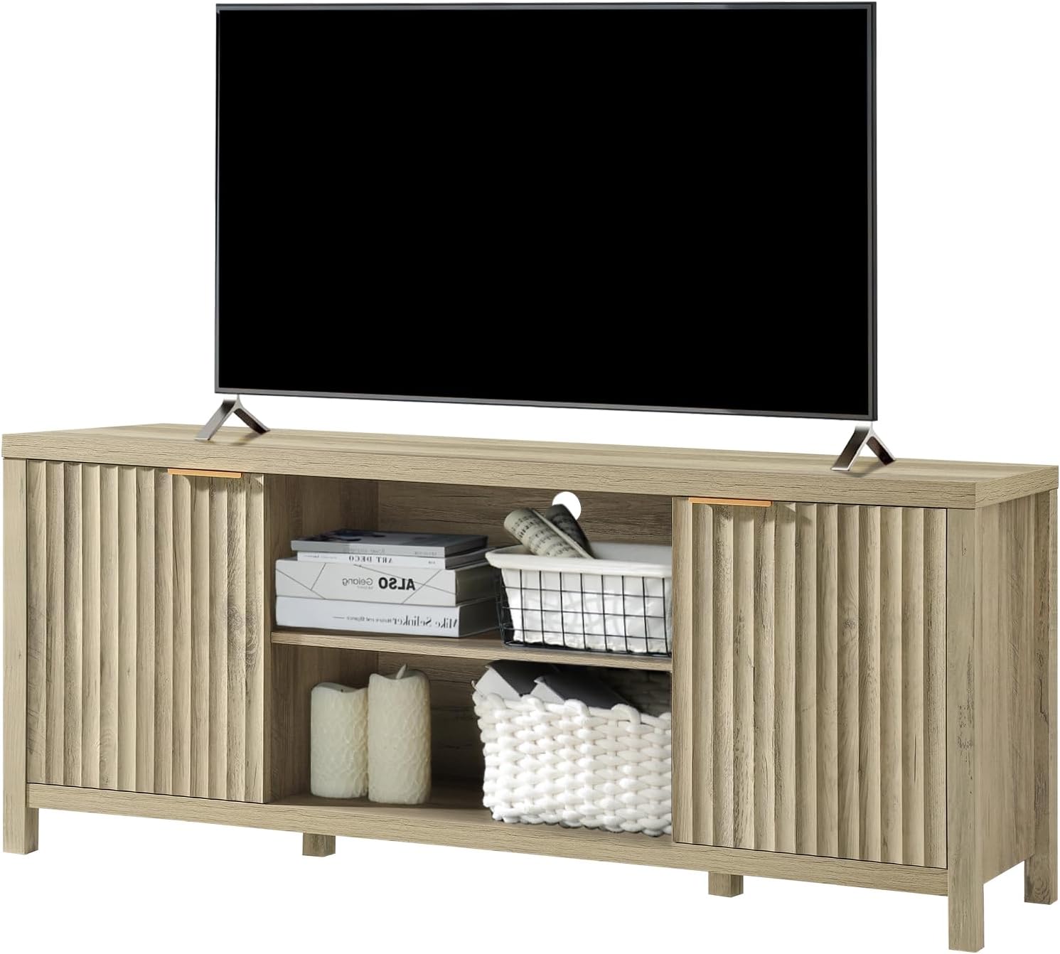 Fluted TV Stands for Living Room, Heavy Duty Entertainment Center with Storage, Mid Century Modern Television Stands for 50/55/60/65 TV, Oxford Media TV Console (Medium,Sunwashed Ash Oak) - Grand Goldman