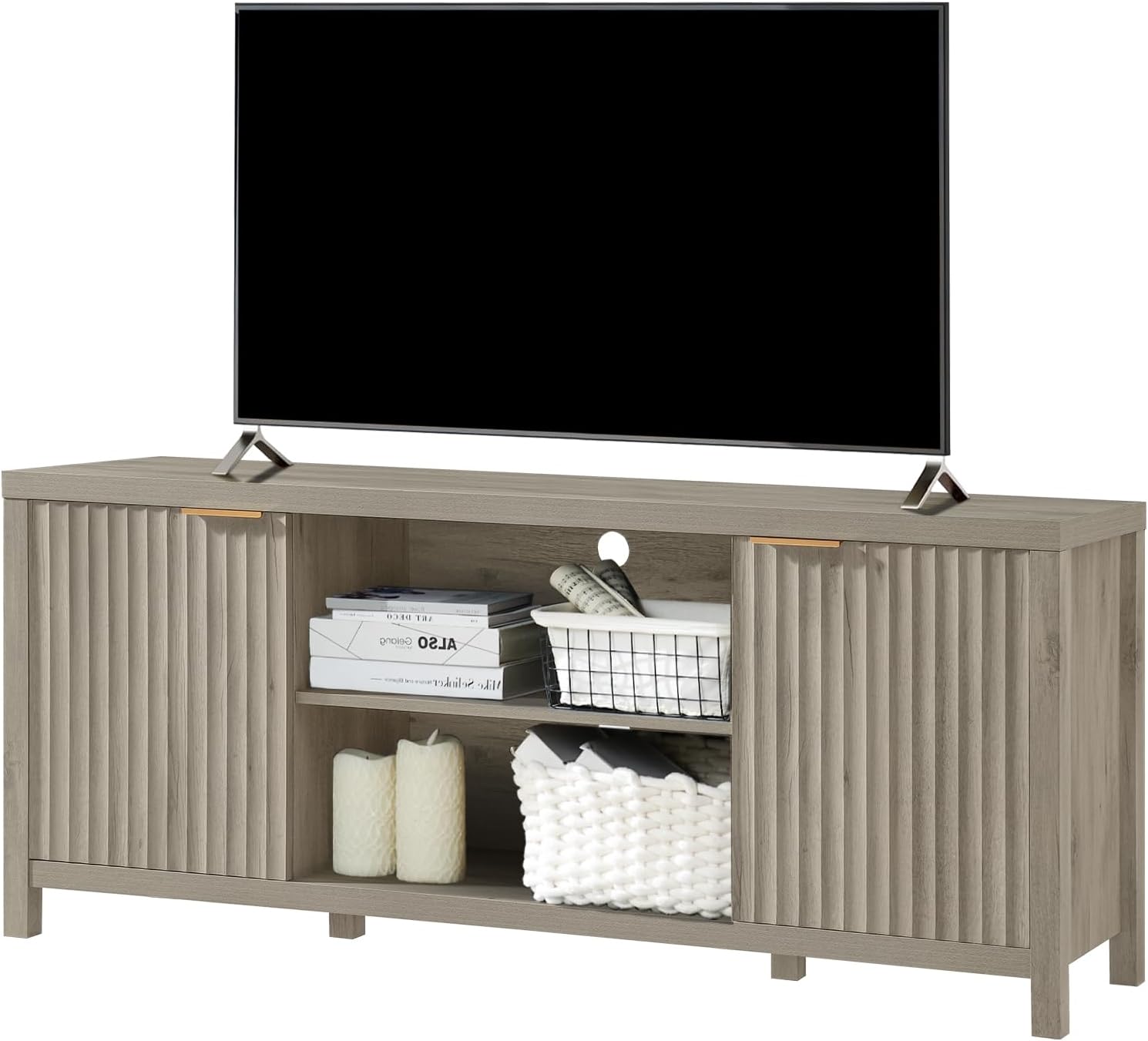 Fluted TV Stands for Living Room, Heavy Duty Entertainment Center with Storage, Mid Century Modern Television Stands for 50/55/60/65 TV, Oxford Media TV Console (Medium,Sunwashed Ash Oak) - Grand Goldman