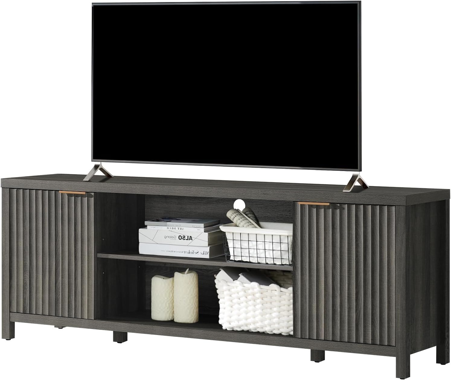 Fluted TV Stands for Living Room, Heavy Duty Entertainment Center with Storage, Mid Century Modern Television Stands for 50/55/60/65 TV, Oxford Media TV Console (Medium,Sunwashed Ash Oak) - Grand Goldman