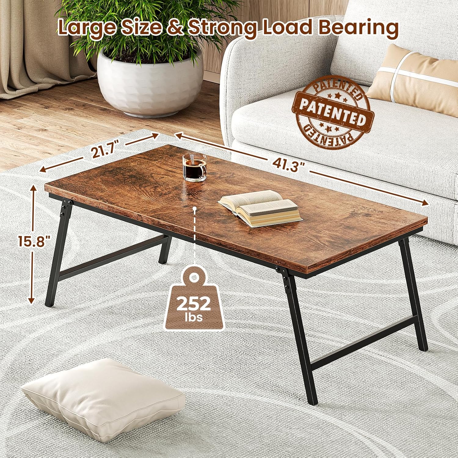 Folding Coffee Table, Leg Latches Portable Sturdy Floor Table Desk for Sitting on The Floor, No Assembly Low Coffee Table for Living Room, Home, Office, Rustic Brown, 41.34L×21.65W×15.75H - Grand Goldman