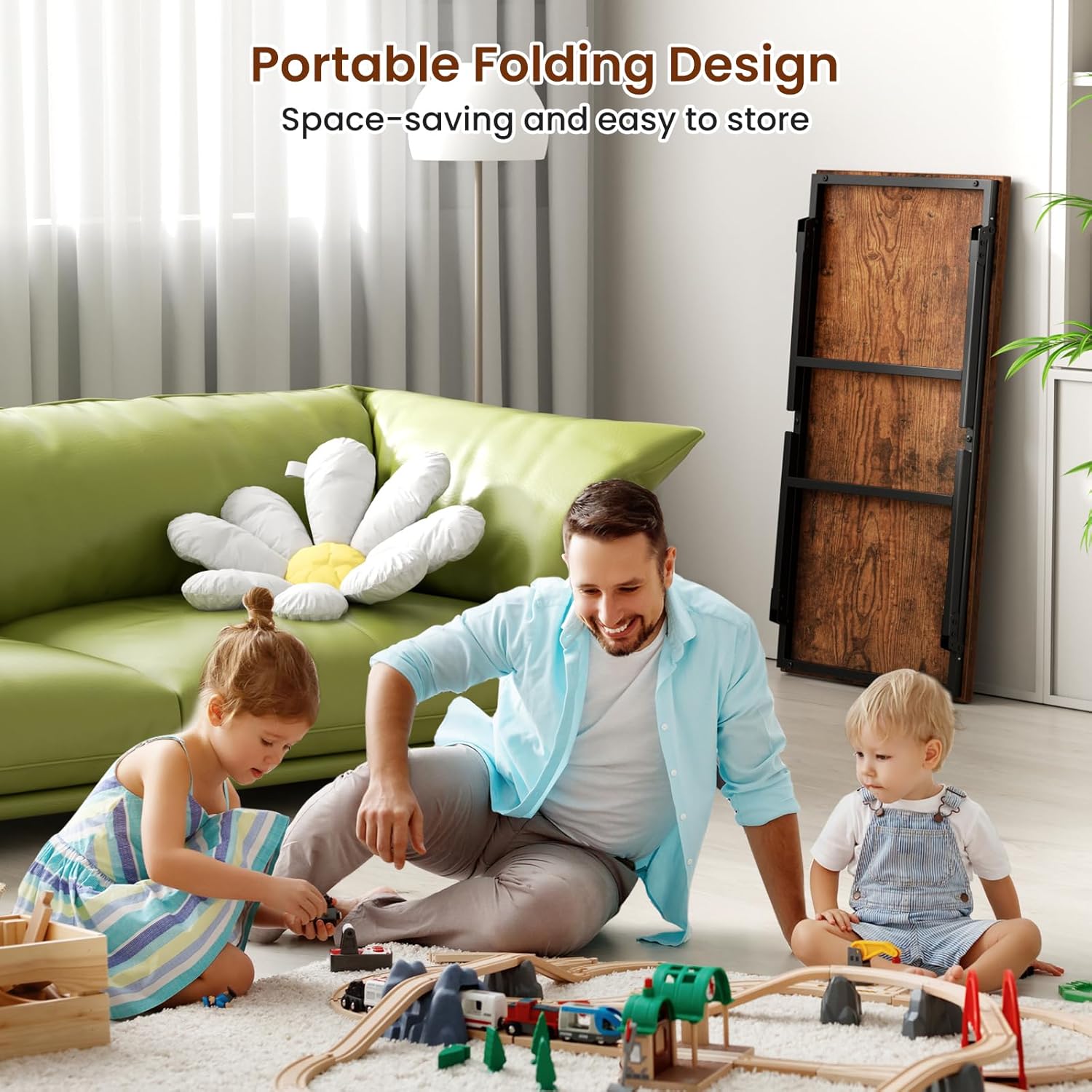 Folding Coffee Table, Leg Latches Portable Sturdy Floor Table Desk for Sitting on The Floor, No Assembly Low Coffee Table for Living Room, Home, Office, Rustic Brown, 41.34L×21.65W×15.75H - Grand Goldman