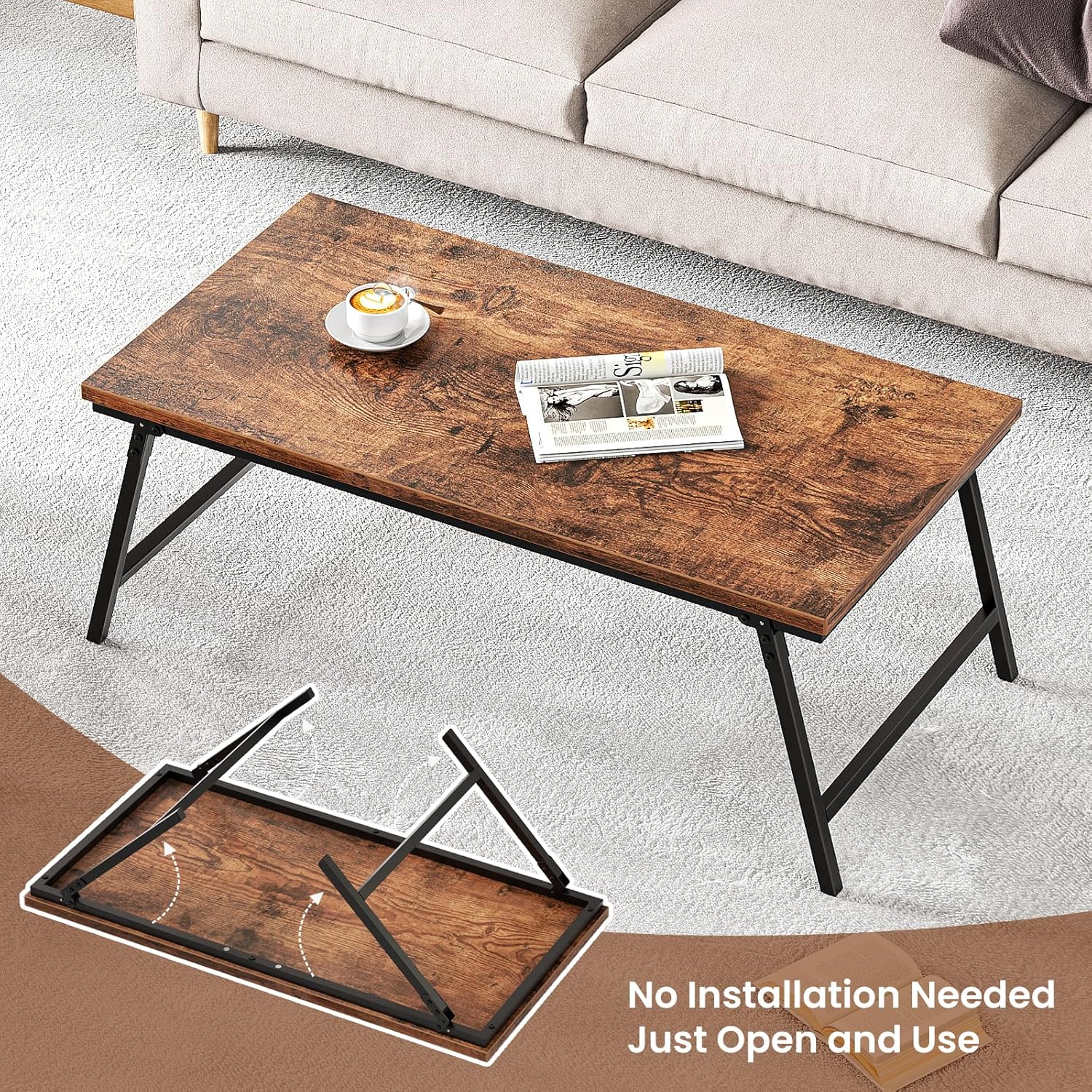 Folding Coffee Table, Leg Latches Portable Sturdy Floor Table Desk for Sitting on The Floor, No Assembly Low Coffee Table for Living Room, Home, Office, Rustic Brown, 41.34L×21.65W×15.75H - Grand Goldman