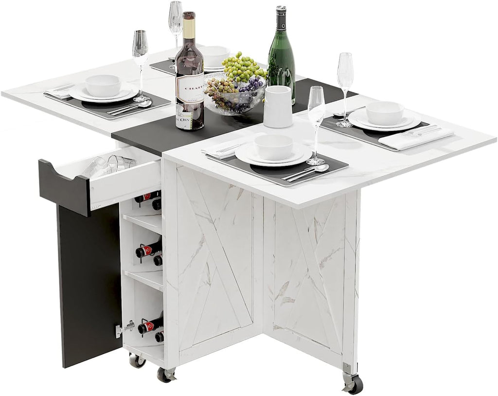 Folding Dining Table, Small Dining Table, Space Saving Dining Table with 6 Wheels, Small Kitchen Table Sewing Table for Small Spaces (White) - Grand Goldman