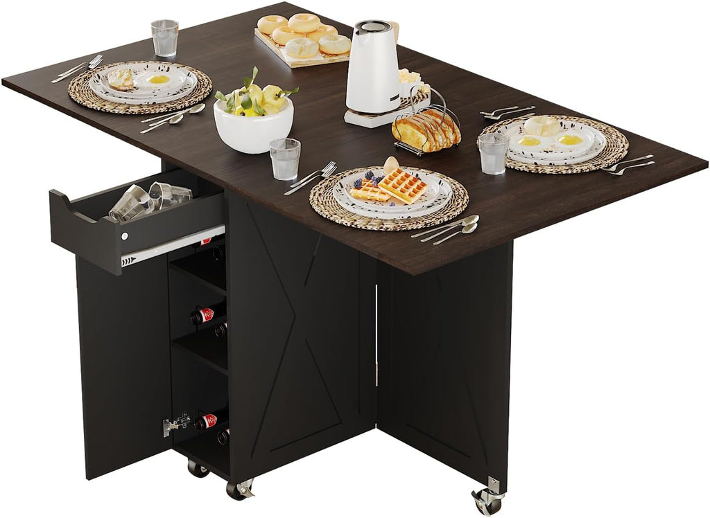 Folding Dining Table, Small Dining Table, Space Saving Dining Table with 6 Wheels, Small Kitchen Table Sewing Table for Small Spaces (White) - Grand Goldman