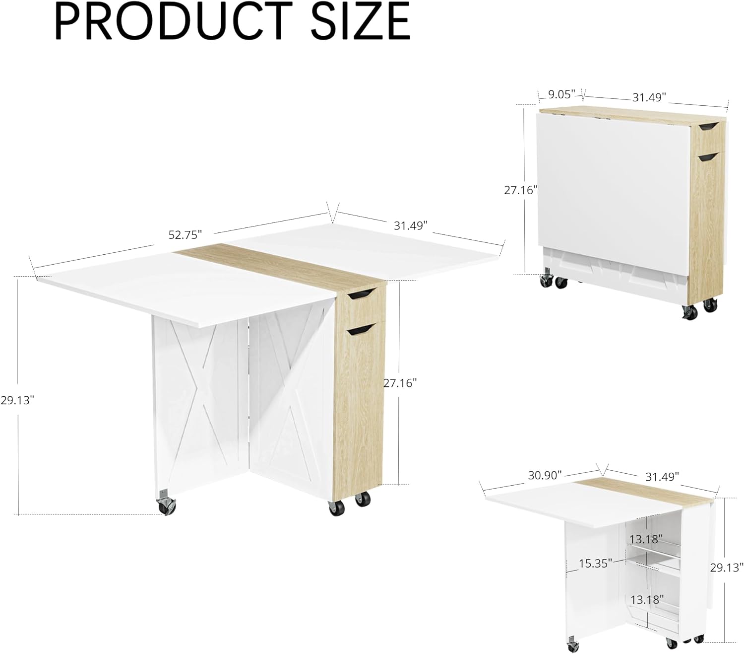 Folding Dining Table, Small Dining Table, Space Saving Dining Table with 6 Wheels, Small Kitchen Table Sewing Table for Small Spaces (White) - Grand Goldman
