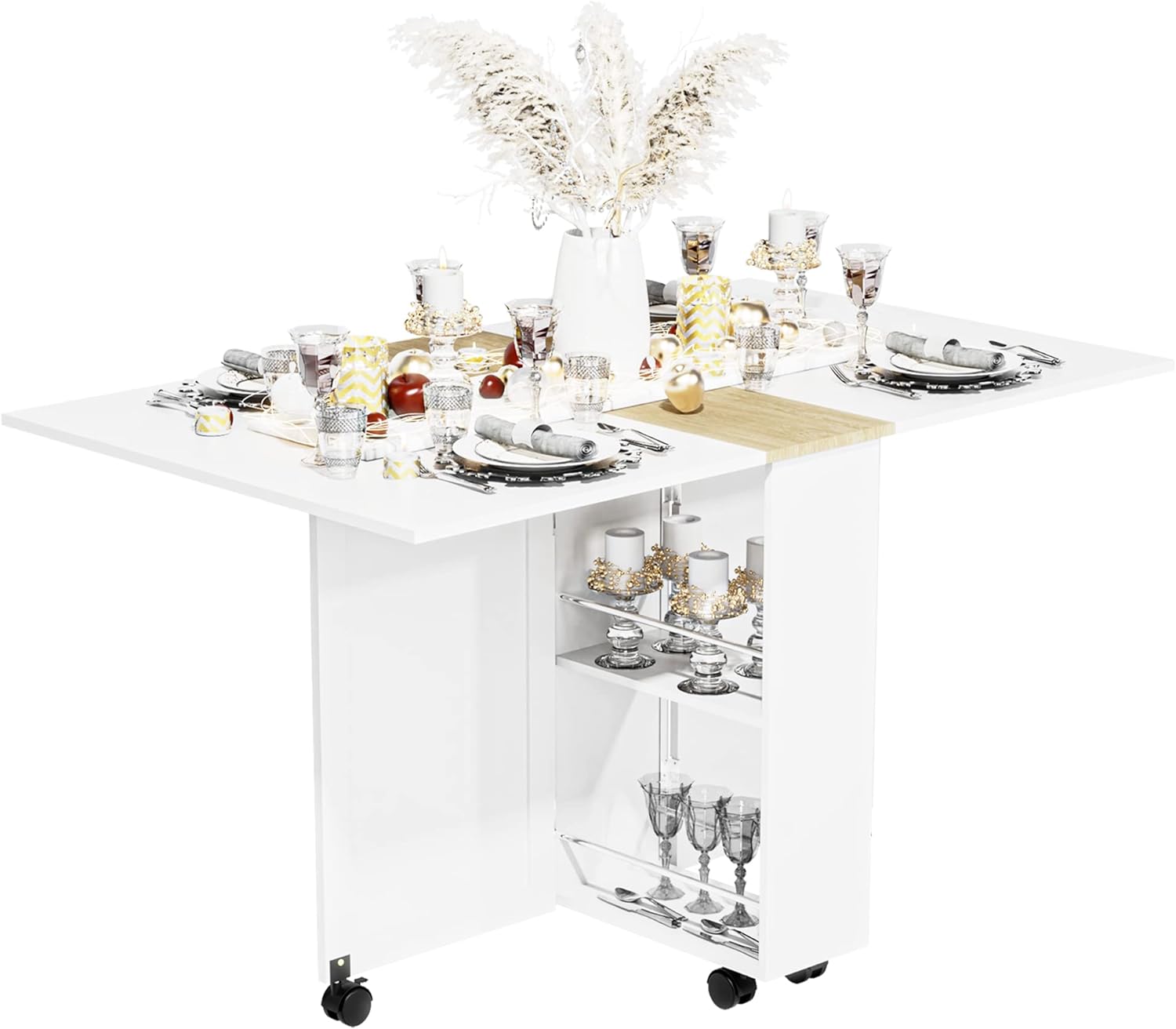 Folding Dining Table, Small Dining Table, Space Saving Dining Table with 6 Wheels, Small Kitchen Table Sewing Table for Small Spaces (White) - Grand Goldman