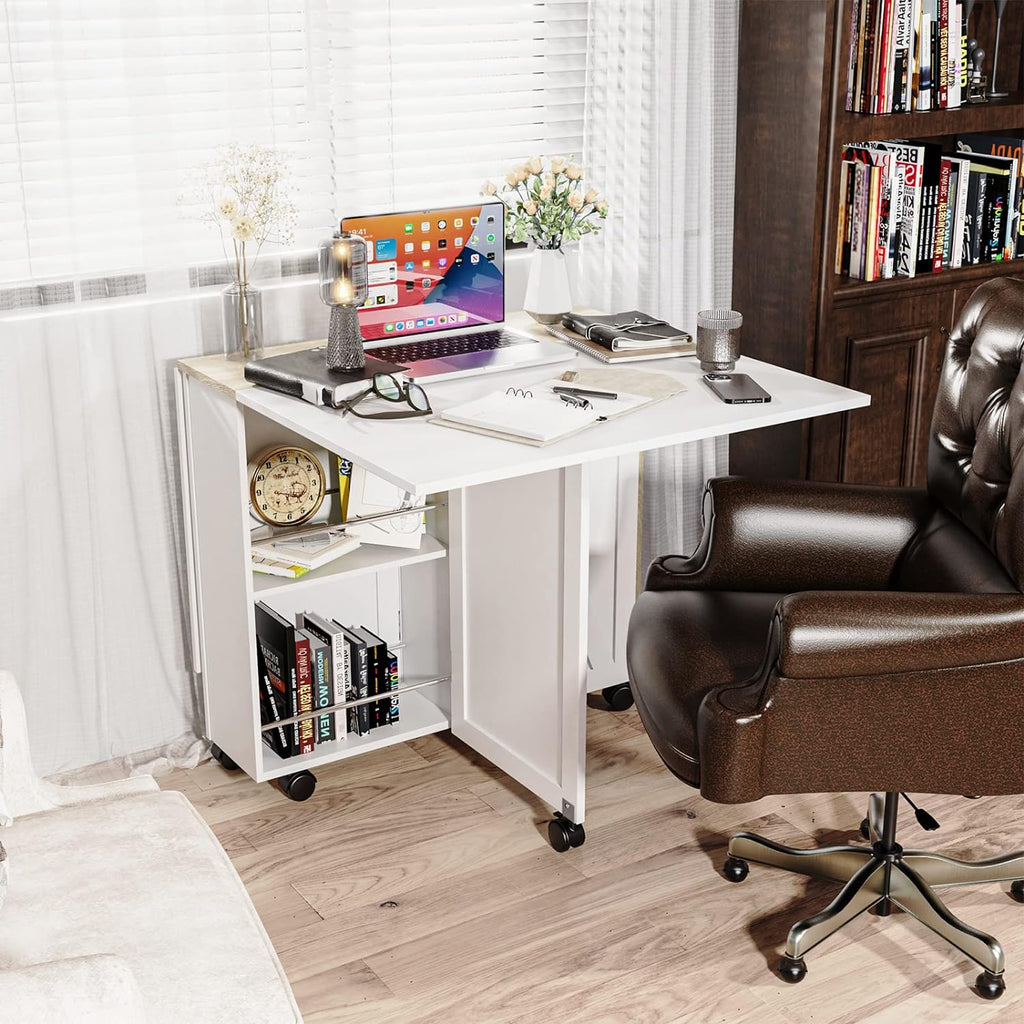 Folding Dining Table, Small Dining Table, Space Saving Dining Table with 6 Wheels, Small Kitchen Table Sewing Table for Small Spaces (White) - Grand Goldman