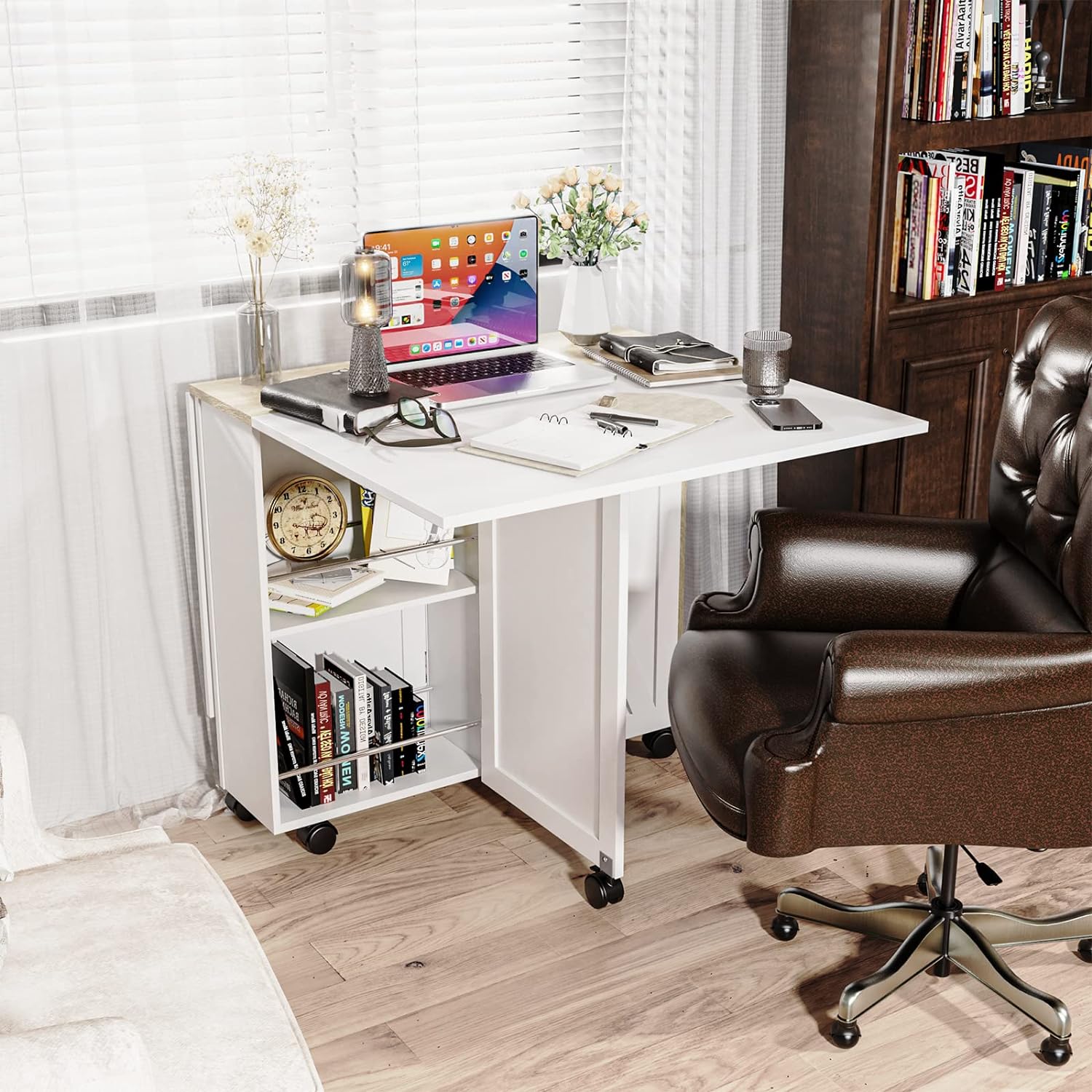 Folding Dining Table, Small Dining Table, Space Saving Dining Table with 6 Wheels, Small Kitchen Table Sewing Table for Small Spaces (White) - Grand Goldman