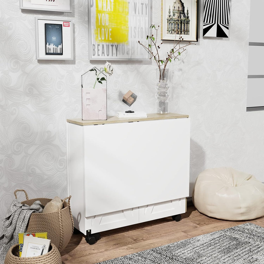 Folding Dining Table, Small Dining Table, Space Saving Dining Table with 6 Wheels, Small Kitchen Table Sewing Table for Small Spaces (White) - Grand Goldman