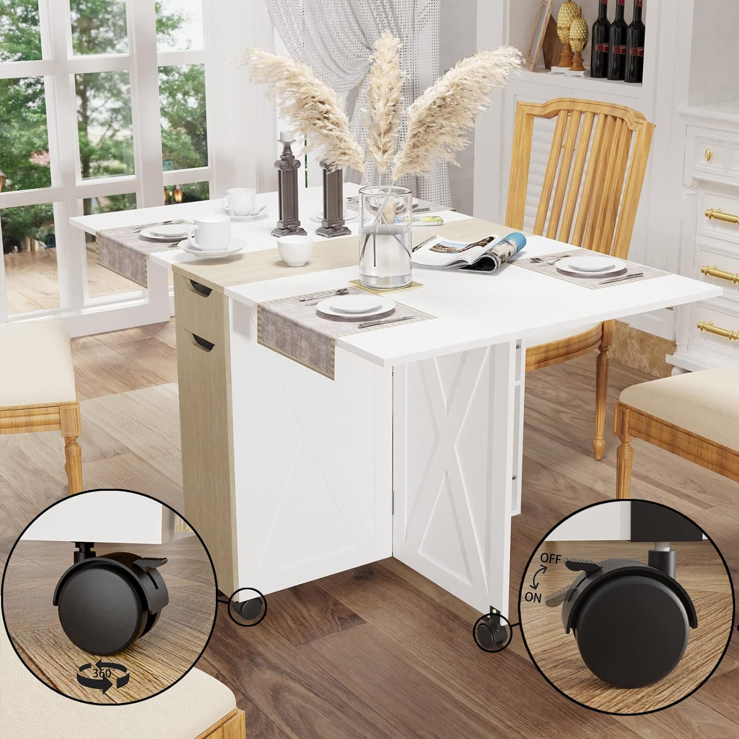 Folding Dining Table, Small Dining Table, Space Saving Dining Table with 6 Wheels, Small Kitchen Table Sewing Table for Small Spaces (White) - Grand Goldman