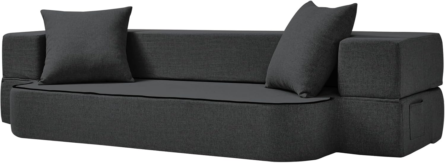 Folding Sofa Bed Single Plus with Pillow- Convertible Chair Floor Couch & Sleeping Mattress - Foldable Memory Foam Sleeper for Living Room/Dorm/Guest Room/Home Office, Dark Grey - Grand Goldman