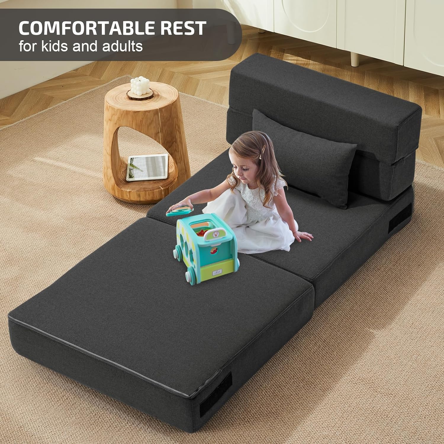 Folding Sofa Bed Single Plus with Pillow- Convertible Chair Floor Couch & Sleeping Mattress - Foldable Memory Foam Sleeper for Living Room/Dorm/Guest Room/Home Office, Dark Grey - Grand Goldman