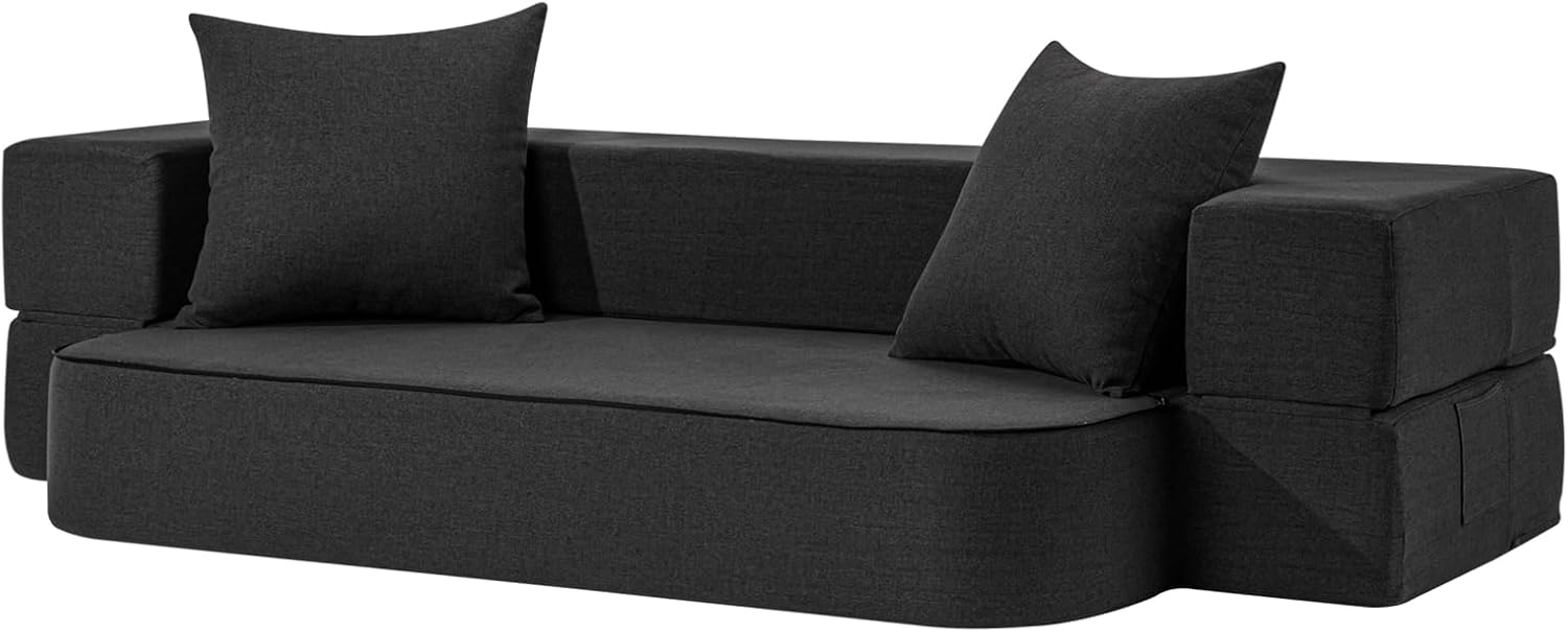 Folding Sofa Bed Single Plus with Pillow- Convertible Chair Floor Couch & Sleeping Mattress - Foldable Memory Foam Sleeper for Living Room/Dorm/Guest Room/Home Office, Dark Grey - Grand Goldman