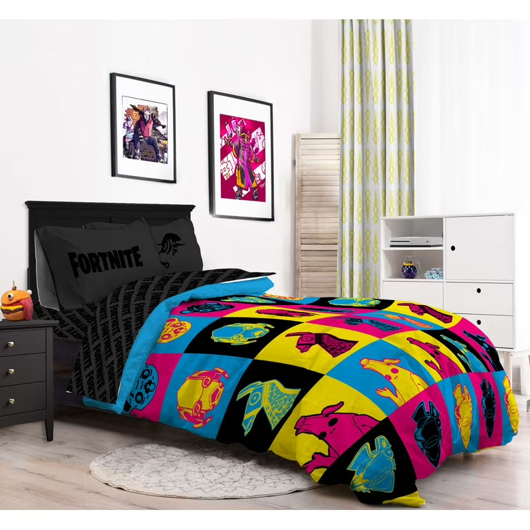 Fortnite Neon Warhol Black 3 Piece Bedding Set for Gamer Kids – 100% Microfiber