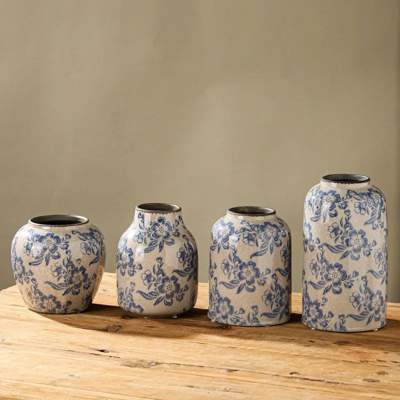 French Style Vintage Blue and White Porcelain Vases Flower Arrangements Living Room Decorations Chinese Style Ceramic Home Decoration Retro Porcelain - Grand Goldman