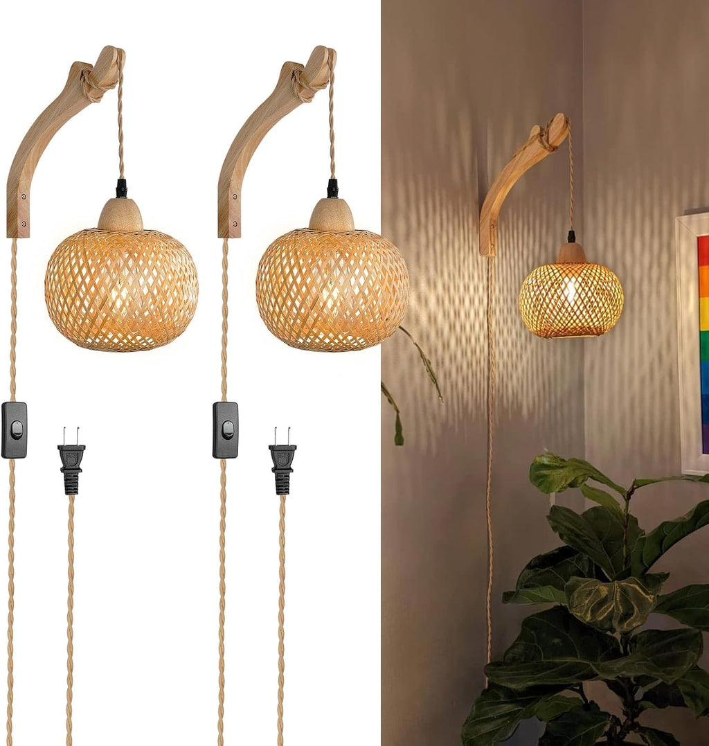 Frideko Bamboo Lantern Plug in Wall Sconces Wicker Wall Lamp with Plug in Cord Hand Woven Rattan Wall Light Farmhouse Rustic Wall Sconces Boho Sconces Wall Lighting for Living Room Bedroom - Grand Goldman
