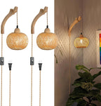 Frideko Bamboo Lantern Plug in Wall Sconces Wicker Wall Lamp with Plug in Cord Hand Woven Rattan Wall Light Farmhouse Rustic Wall Sconces Boho Sconces Wall Lighting for Living Room Bedroom - Grand Goldman