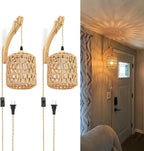 Frideko Bamboo Lantern Plug in Wall Sconces Wicker Wall Lamp with Plug in Cord Hand Woven Rattan Wall Light Farmhouse Rustic Wall Sconces Boho Sconces Wall Lighting for Living Room Bedroom - Grand Goldman