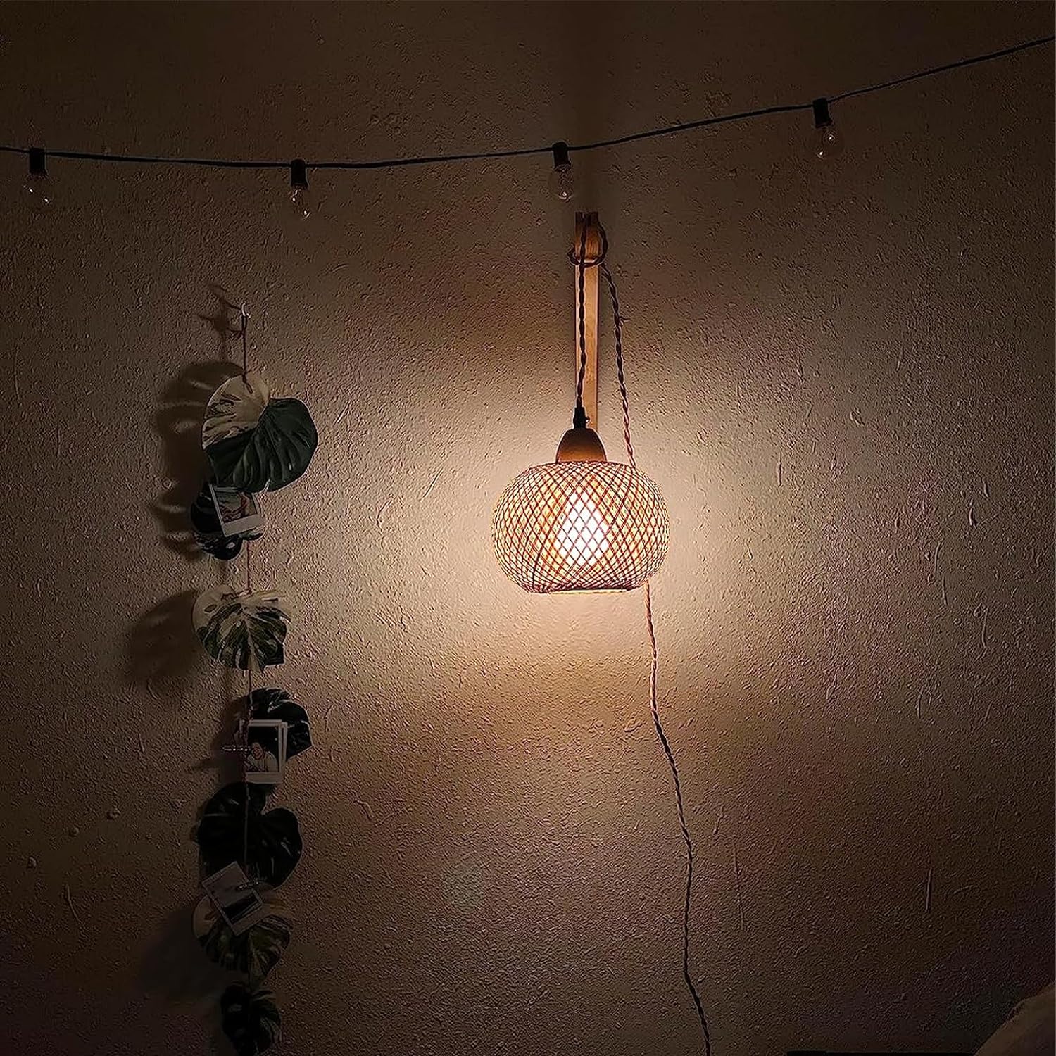 Frideko Bamboo Lantern Plug in Wall Sconces Wicker Wall Lamp with Plug in Cord Hand Woven Rattan Wall Light Farmhouse Rustic Wall Sconces Boho Sconces Wall Lighting for Living Room Bedroom - Grand Goldman