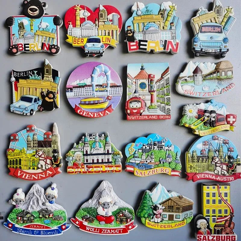 Fridge Magnets of Switzerland Geneva Berne Wolli Zermatt BERLIN Germany Car Vienna Salzburg Mozart Austria Collection Home Decor - Grand Goldman