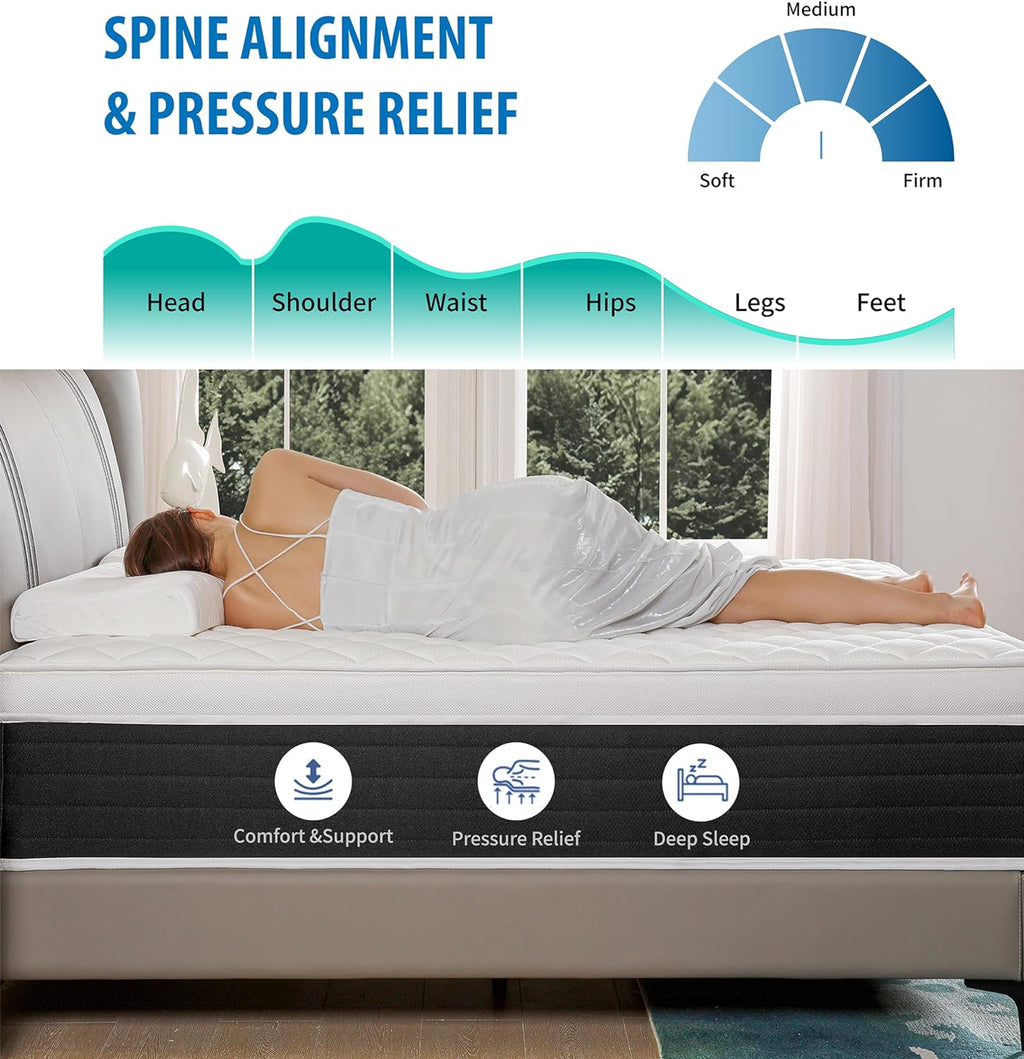 Full Mattresses,Hybrid 12 Inch Full Mattress in a Box,Memory Foam & Individually Pocket Spring for Pain Relief,Medium Firm Black Full Mattress,Pressure Relief,Certified. - Grand Goldman