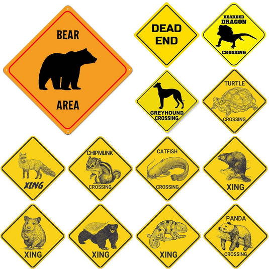 Funny Metal Tin Sign Bear Panda Turtle Mouse Xing Caution Crossing Sign Wildlife Gift for Indoor Outdoor Wall Decor Square Sign - Grand Goldman