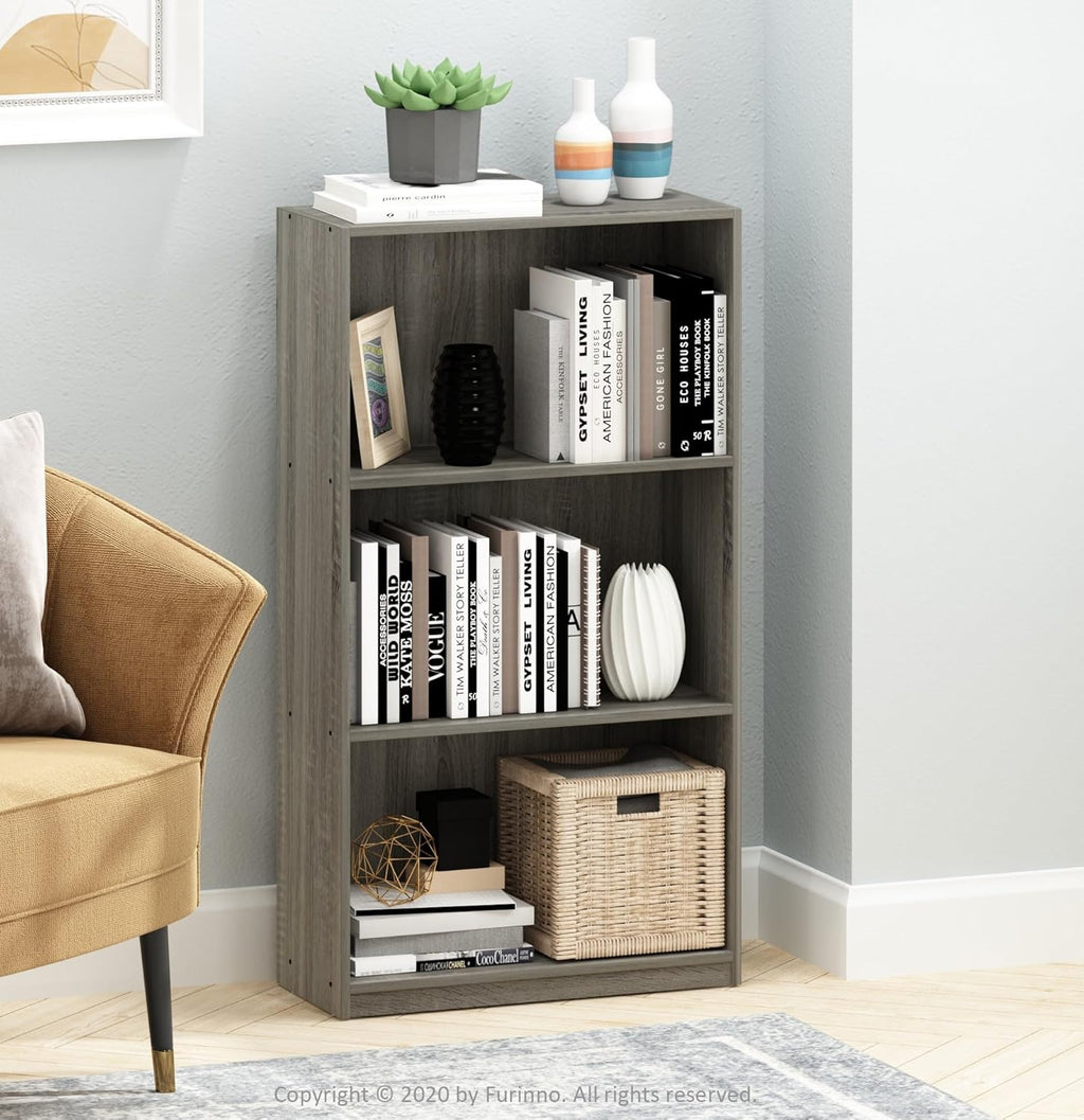 Furinno Basic 3-Tier Bookcase Storage Shelves, French Oak Grey - Grand Goldman
