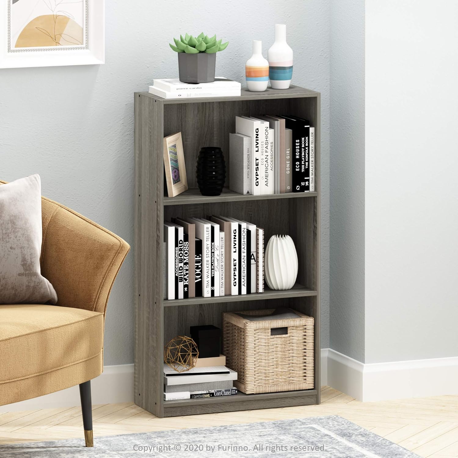 Furinno Basic 3-Tier Bookcase Storage Shelves, French Oak Grey - Grand Goldman