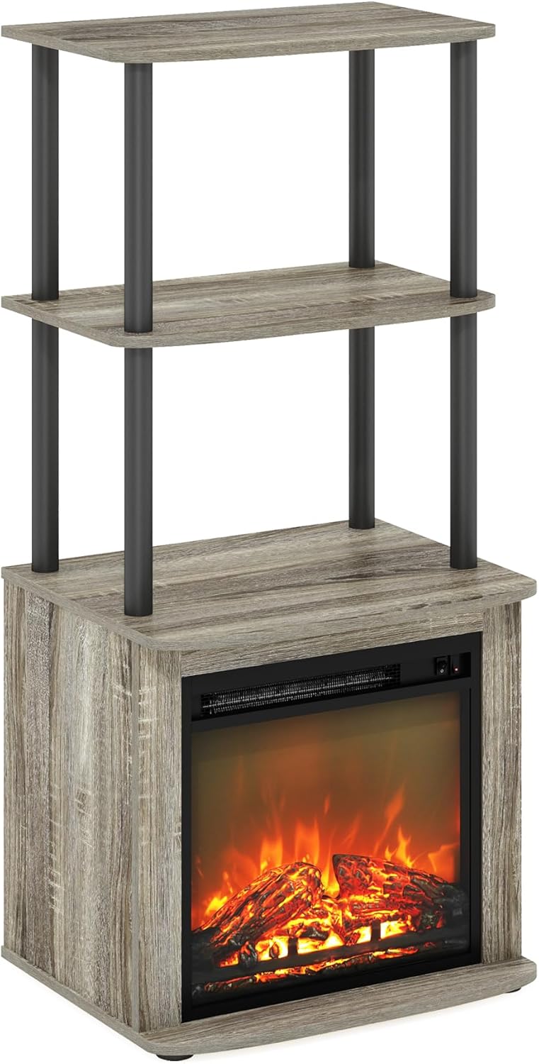 Furinno Jensen Entertainment Center Stand with Fireplace for TV up to 55 Inch, Americano, Corded Electric, Adjustable - Grand Goldman
