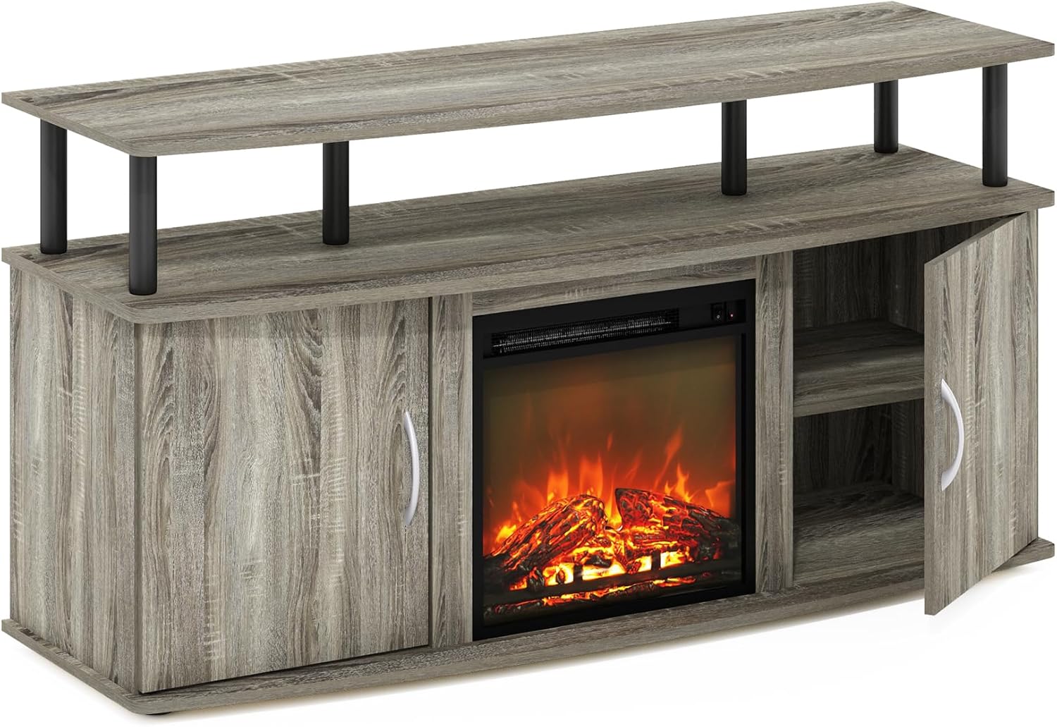 Furinno Jensen Entertainment Center Stand with Fireplace for TV up to 55 Inch, Americano, Corded Electric, Adjustable - Grand Goldman