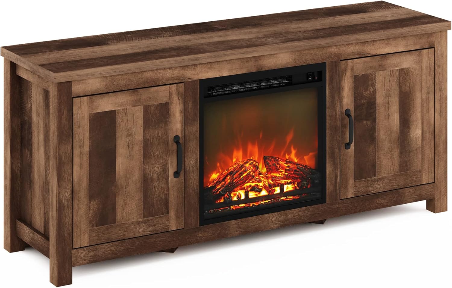 Furinno Jensen Entertainment Center Stand with Fireplace for TV up to 55 Inch, Americano, Corded Electric, Adjustable - Grand Goldman